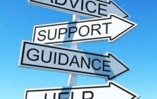 4 signs pointing the way to advice, support, guidance and helpful