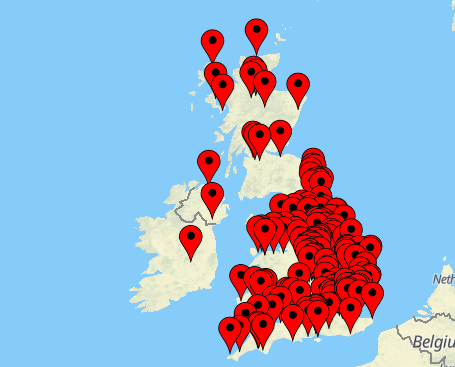 Map of UK showing PAT Tester locations